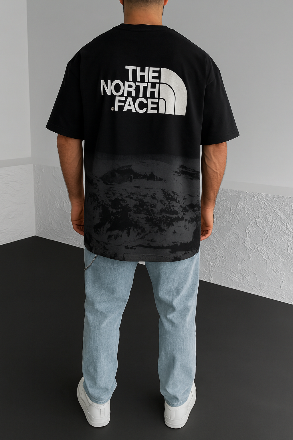 The North Face Black Graphic T-Shirt – Drip Logo Front & Mountain Print Back