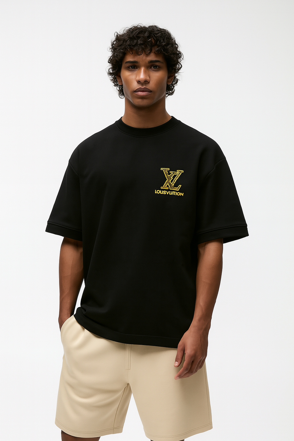 Louis Vuitton Black T-Shirt with Neon Yellow LV Logo Embroidery