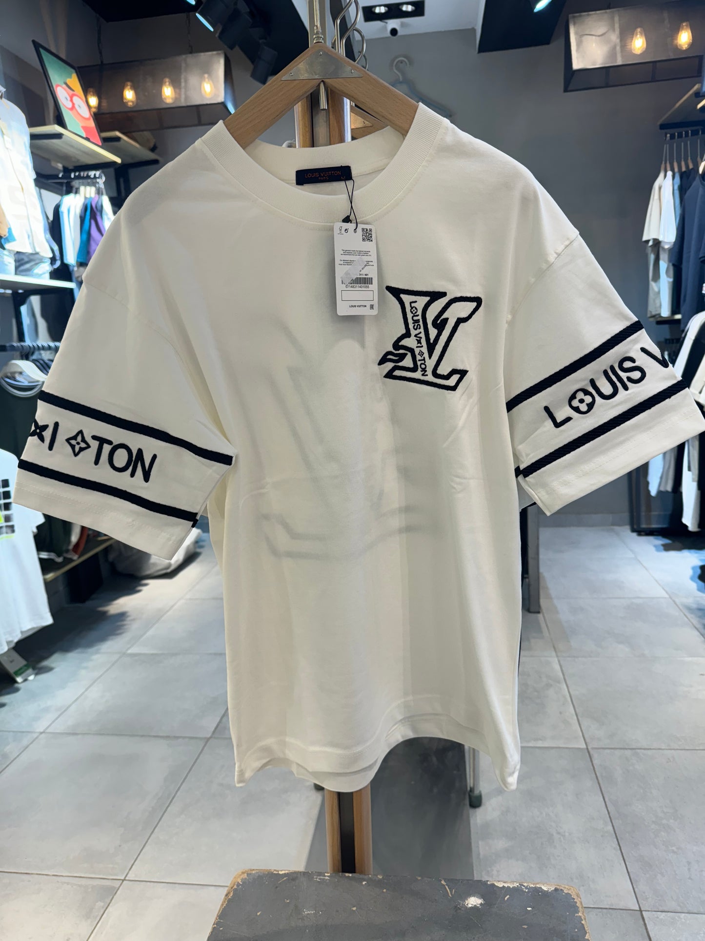 Louis Vuitton White T-Shirt with Bold Black Rope Embroidered LV Logo & Sleeve Branding