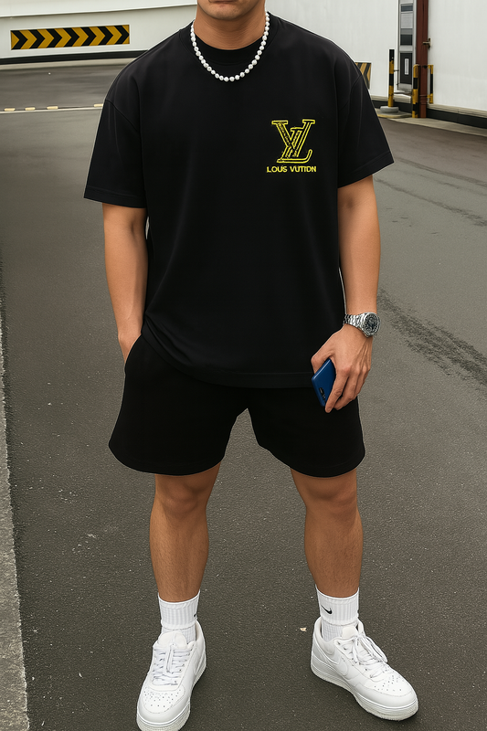 Louis Vuitton Black T-Shirt with Neon Yellow LV Logo Embroidery