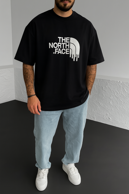 The North Face Black Graphic T-Shirt – Drip Logo Front & Mountain Print Back