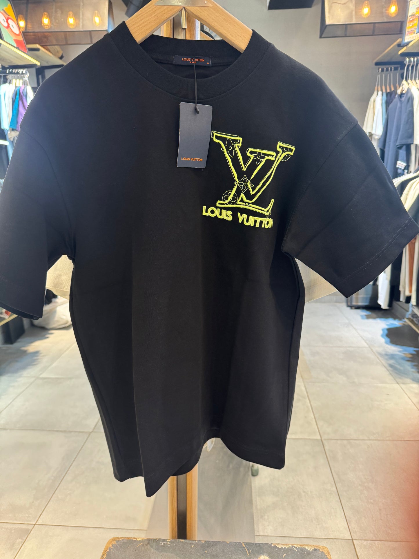 Louis Vuitton Black T-Shirt with Neon Yellow LV Logo Embroidery