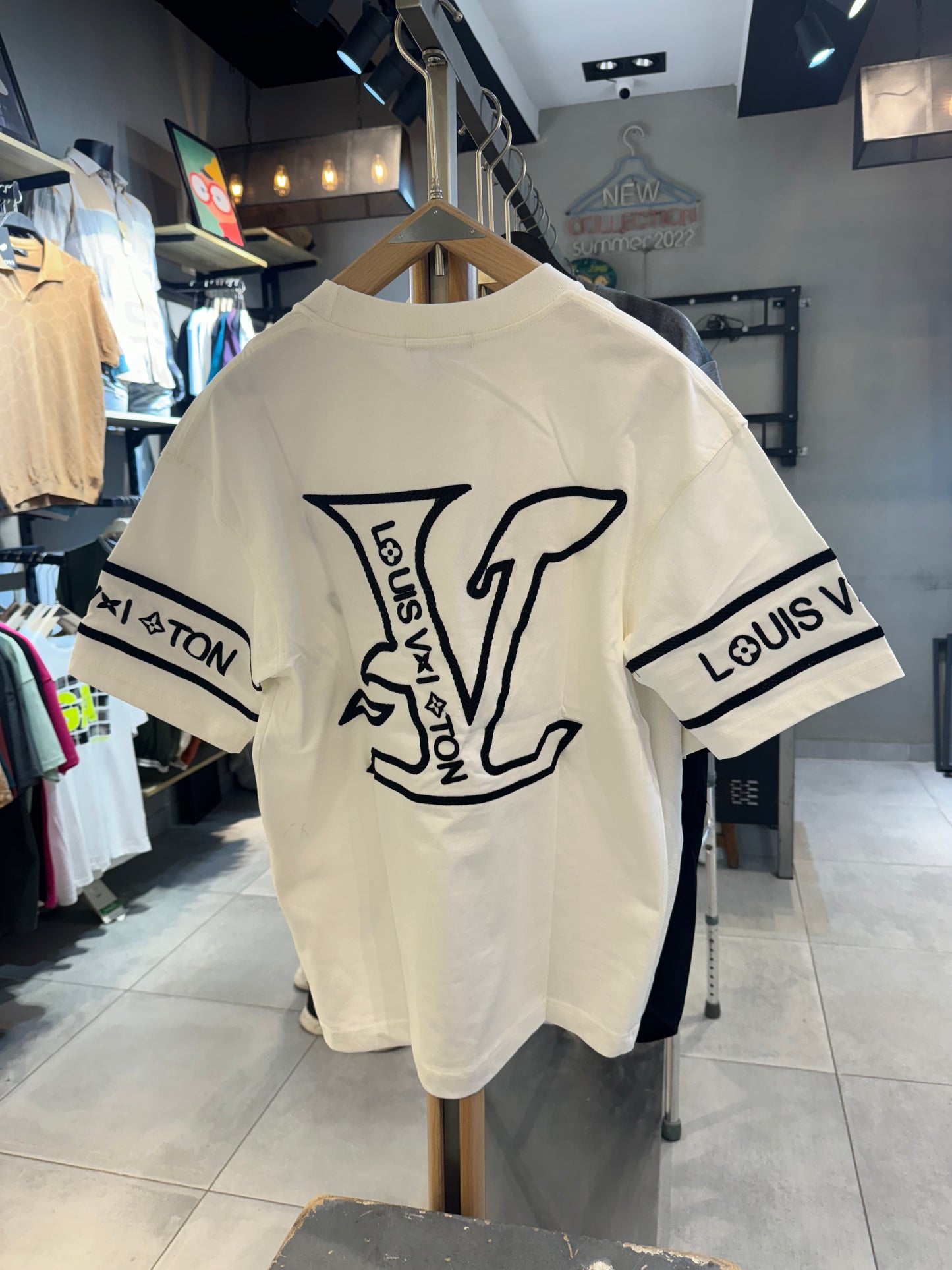 Louis Vuitton White T-Shirt with Bold Black Rope Embroidered LV Logo & Sleeve Branding
