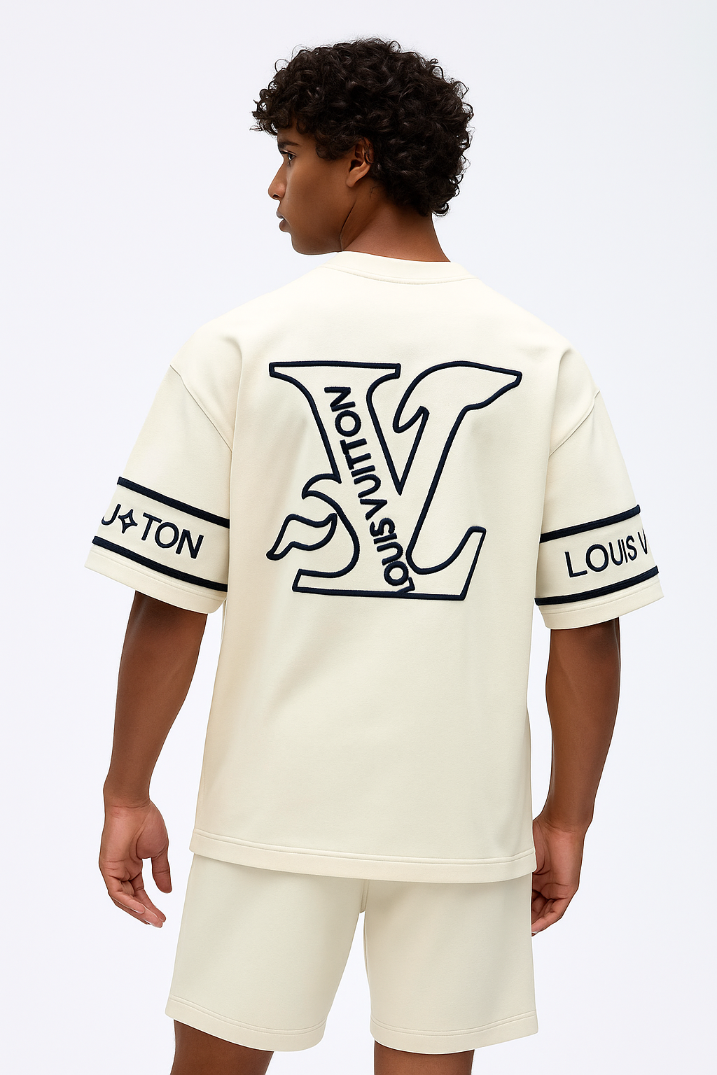 Louis Vuitton White T-Shirt with Bold Black Rope Embroidered LV Logo & Sleeve Branding