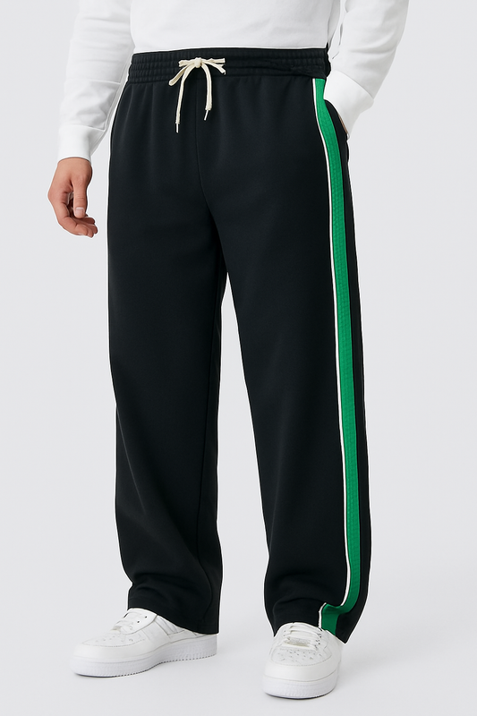 Men’s Wide-Leg Track Pants with Green & White Side Stripes