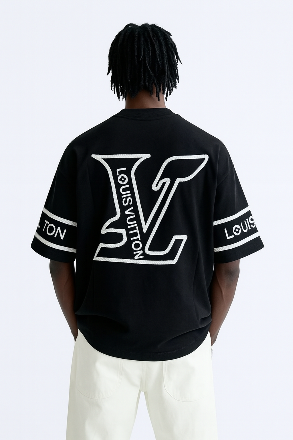 Louis Vuitton Black Rope-Textured LV Logo T-Shirt with Sleeve Branding