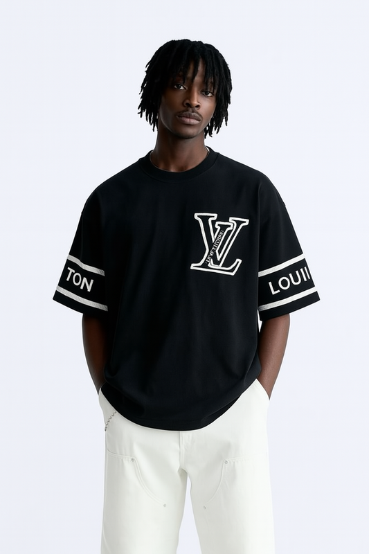 Louis Vuitton Black Rope-Textured LV Logo T-Shirt with Sleeve Branding