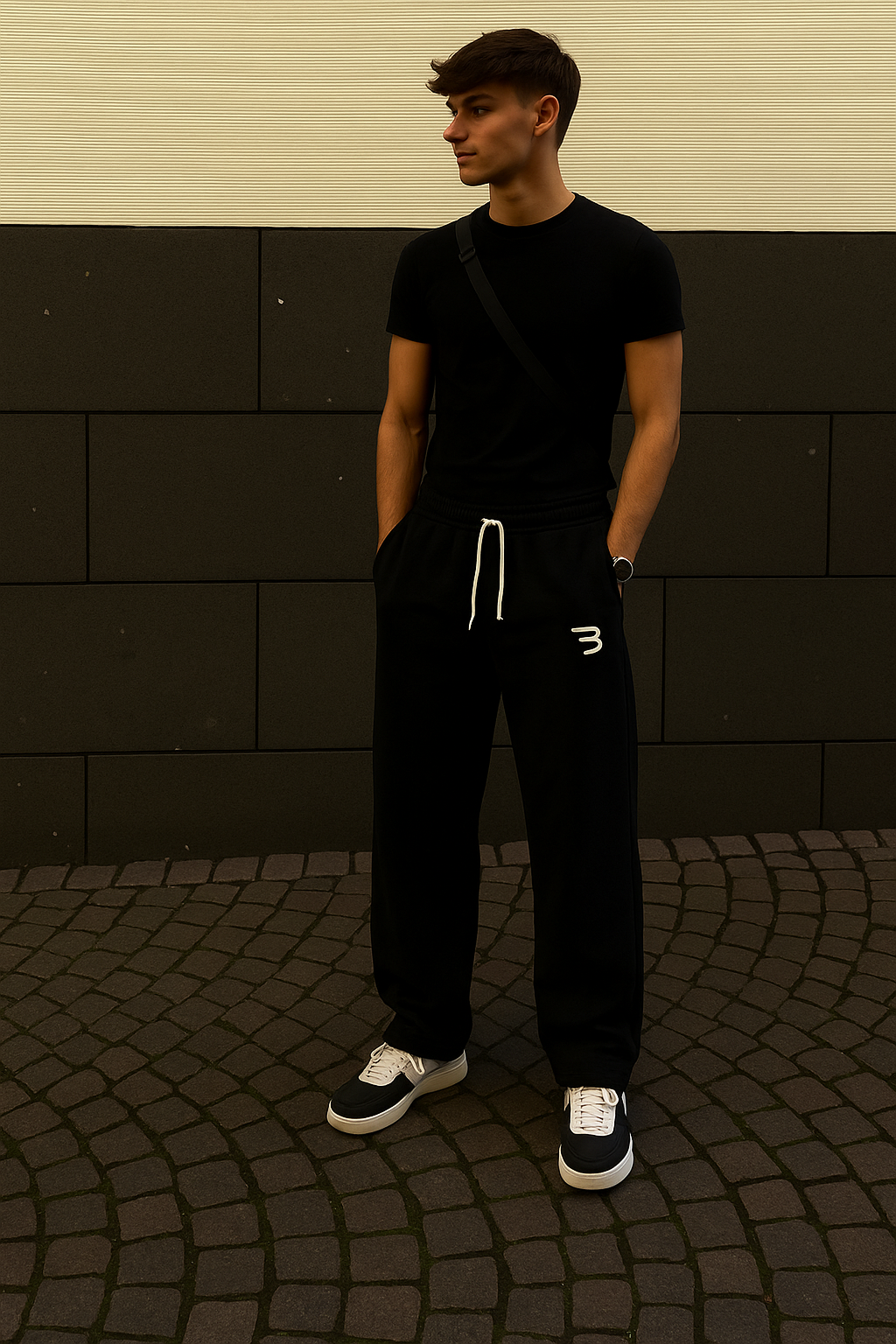 Black wide leg Pants with Minimal Logo & Drawstring Waist