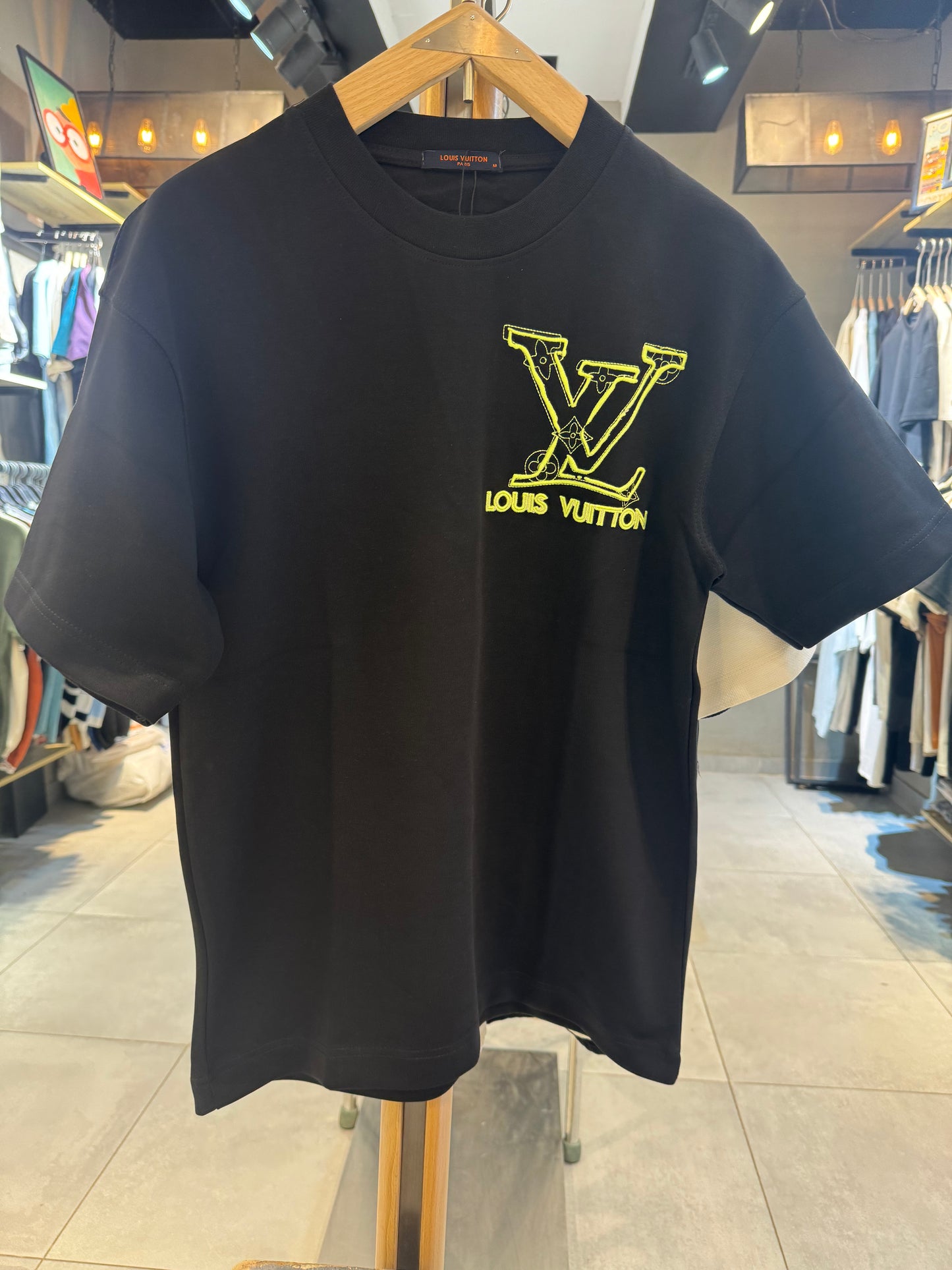Louis Vuitton Black T-Shirt with Neon Yellow LV Logo Embroidery