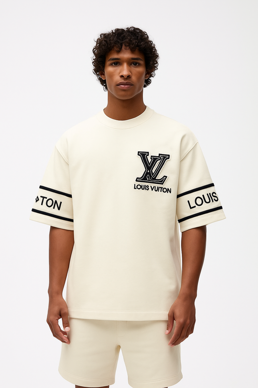Louis Vuitton White T-Shirt with Bold Black Rope Embroidered LV Logo & Sleeve Branding